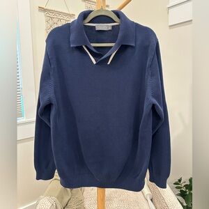 Talbots Mens Navy Knit Polo Sweater L 100% Cotton Long Sleeve Collared